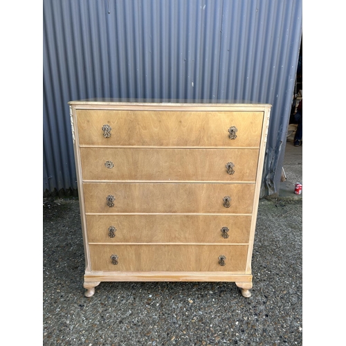 112 - 1920's light walnut chest of five drawers, 90 x 40 x 105cms