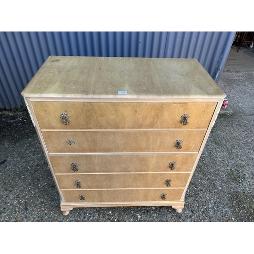 112 - 1920's light walnut chest of five drawers, 90 x 40 x 105cms