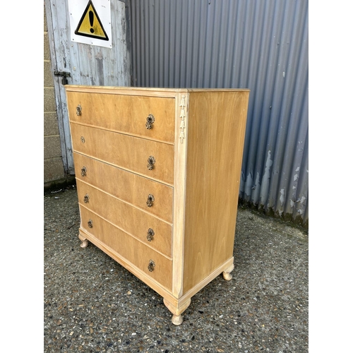 112 - 1920's light walnut chest of five drawers, 90 x 40 x 105cms