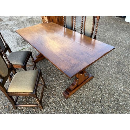 15 - An oak refectory style dining table together with four oak barley twist dining chairs, recently upho... 