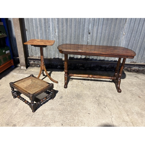 165 - A mahogany stretcher table together with a stool and victorian side table