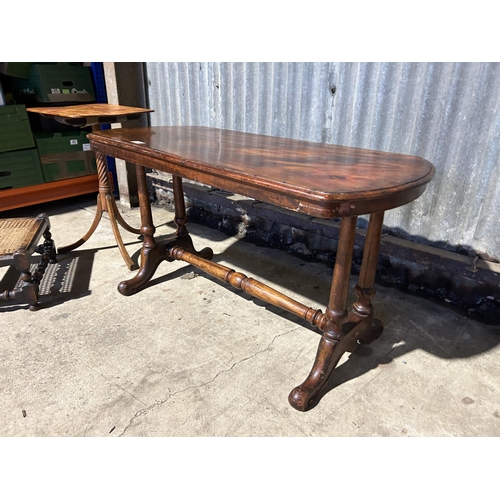 165 - A mahogany stretcher table together with a stool and victorian side table