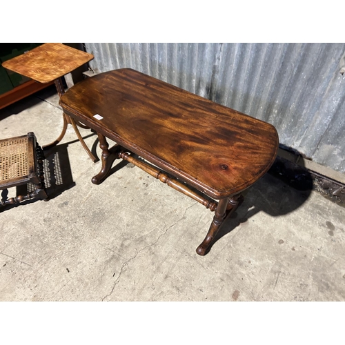 165 - A mahogany stretcher table together with a stool and victorian side table