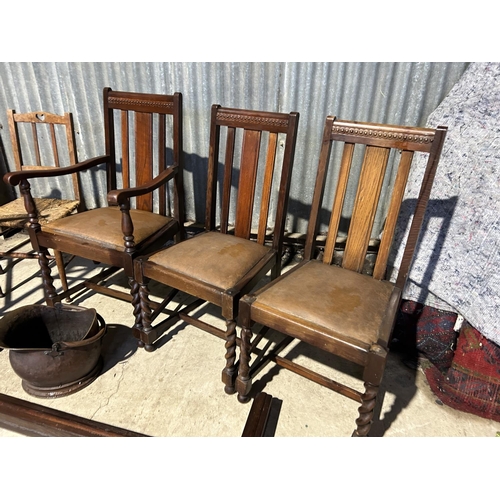 169 - Three 1920's oak chairs, rush seat chair, fire guard and copper coal bucket