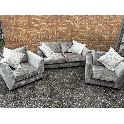 20 - A modern silver crush velvet three piece lounge suite 6 WEEKS OLD purchased from furniture village (... 