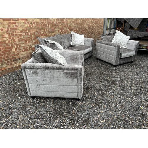 20 - A modern silver crush velvet three piece lounge suite 6 WEEKS OLD purchased from furniture village (... 