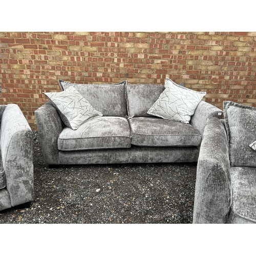 20 - A modern silver crush velvet three piece lounge suite 6 WEEKS OLD purchased from furniture village (... 