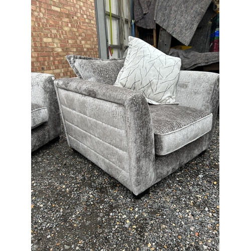 20 - A modern silver crush velvet three piece lounge suite 6 WEEKS OLD purchased from furniture village (... 