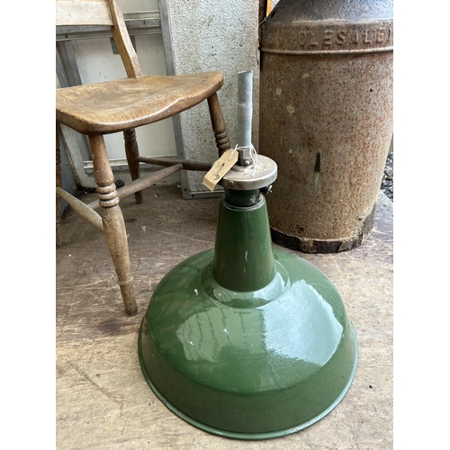 30 - Vintage green enamel shade, milk churn and kitchen chair