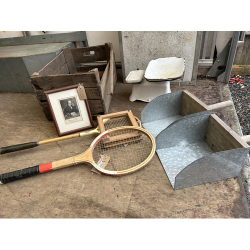 32 - Vintage weighing scales, two corn scoops, two rackets, crate, wooden box and picture