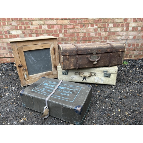 35 - A vintage pine meat safe, laundry box and two cases