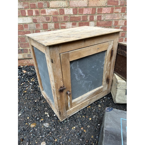 35 - A vintage pine meat safe, laundry box and two cases