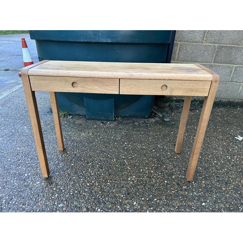 350c - A modern light oak writing table / hall table with two drawers