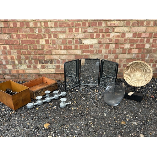 37 - Three section mirror, ornament, vase, candle holder and box of weights