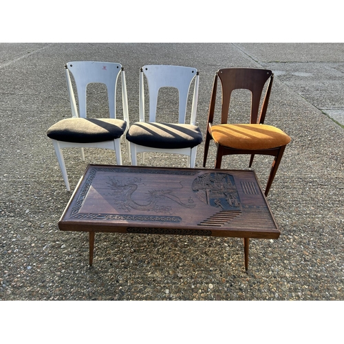 50 - Three retro chairs and an oriental table