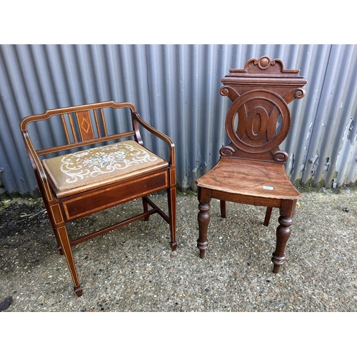 9 - A Victorian hall chair together with an Edwardian piano stool