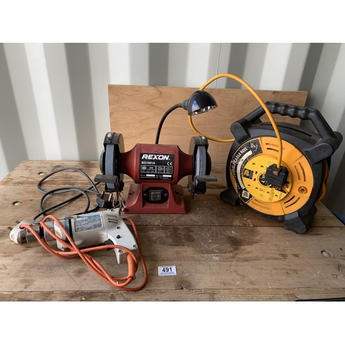 491 - Rexon grinder, extension lead and Wolf Electric Drill