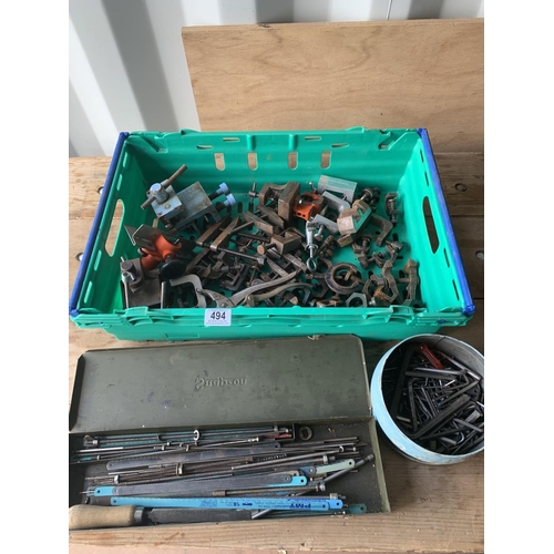 494 - Tray of engineers clamps, Allen keys and blades