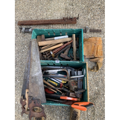 498 - Two crates of Saws, hammers, tools and cramps