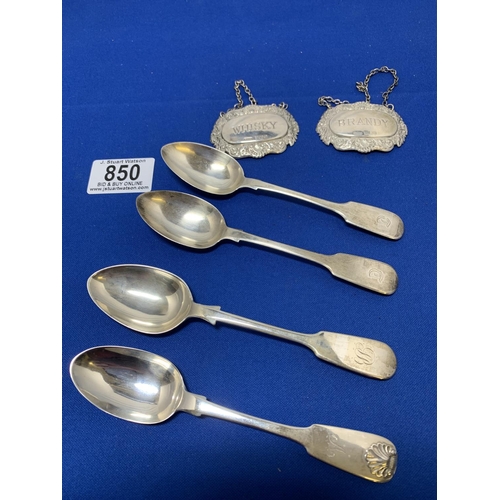 850 - Four Hallmarked Silver Spoons and Hallmarked Whisky & Brandy Labels, total weight 3.4 ozt