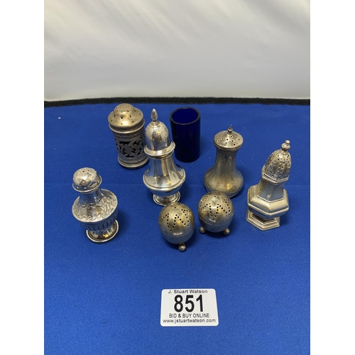 851 - Collection of seven Hallmarked Silver Pepper Pots, one with blue glass liner, total Silver weight 5.... 