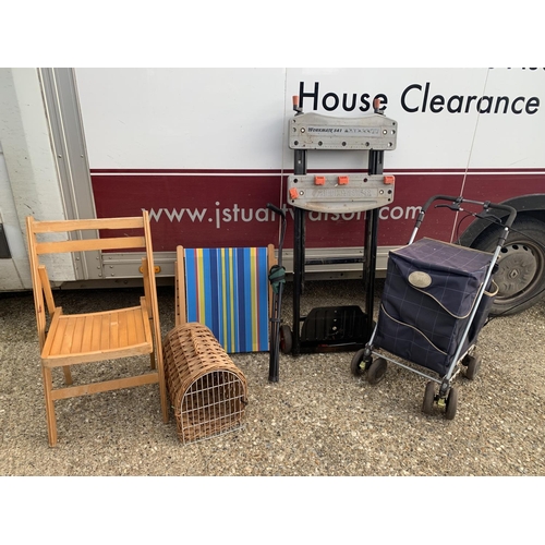 500 - Workmate trolley, folding chair, back  rest, cat basket & trolley