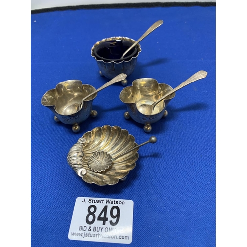 849 - Four Hallmarked Silver Salts and Spoons,  one with blue glass liner, total Silver weight 2.5 ozt