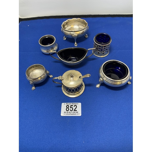 852 - Six Hallmarked Silver Salts and one Mustard, Total Silver weight net of liners 7.44 ozt