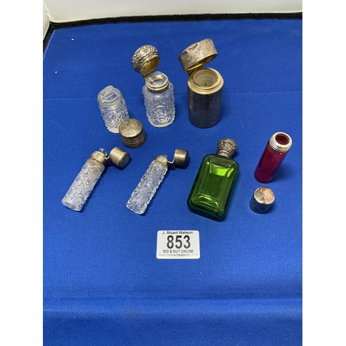 853 - Hallmarked Silver Cased Scent and six other Silver topped Scent Bottles