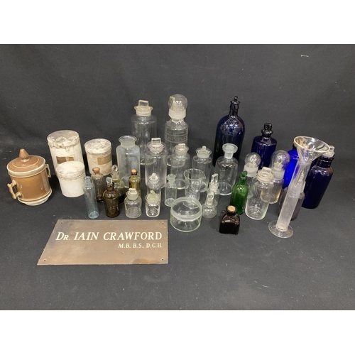 999 - Collection of medical bottles and pots plus Dr Iain Crawford Brass Name Plate (3)