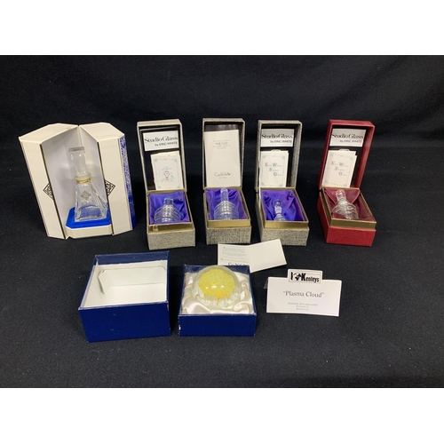 504 - 4 boxed Eric White studio glass scent bottles, Kenleys Paperweight and French perfume bottle