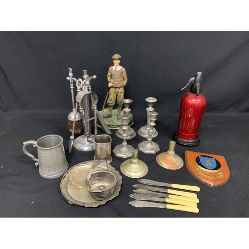 550 - Metalware, Cast Iron Door stop, companion set, Syphon and Sussex police plaque