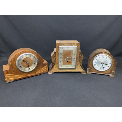 3 wooden mantel clocks, with keys and pendulums, centre clock glass broken