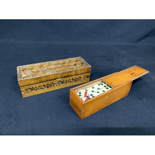 604 - Tunbridge Ware Box and draught counters and box of dominoes (2)