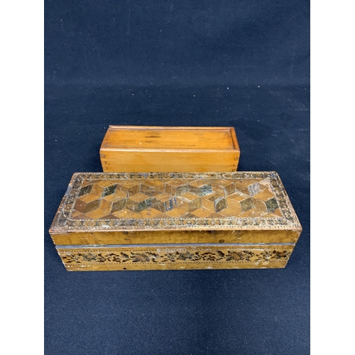 604 - Tunbridge Ware Box and draught counters and box of dominoes (2)