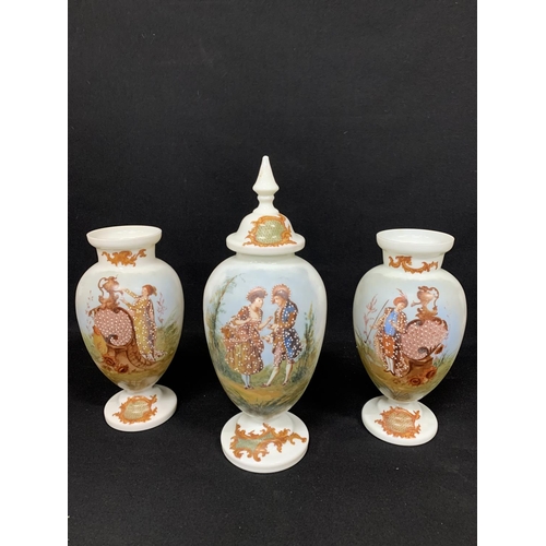 607 - 3 German hand painted opaque vases, 1 with cover and small chip to rim, height to top of stopper 40c... 