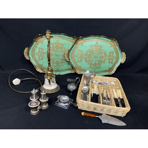 612 - Cherub table lamp and qty platedware, cutlery and 2 Italian trays