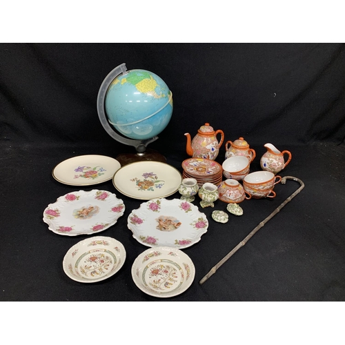 615 - Globe, oriental tea ware, 4 decorative plates and 2 Adams tea bowls and stick