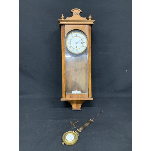 621 - Regulator Wall clock with Key and pendulum, height 69cms,