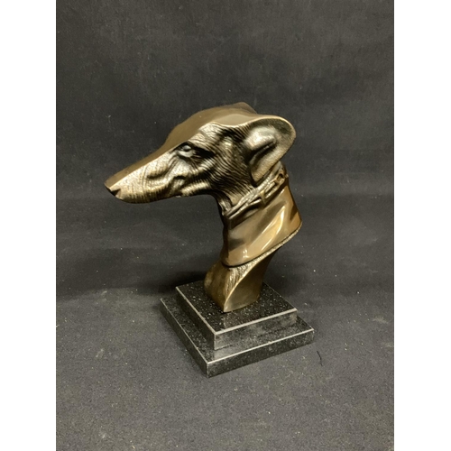 623 - Bronze greyhound head on plinth, height 22cms