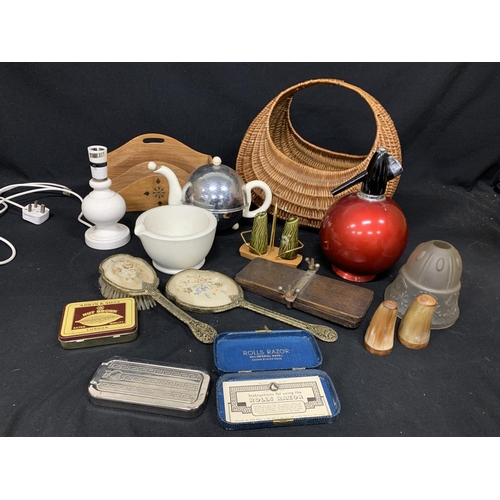 630 - Vintage basket and sundry items, including Doulton lamp base