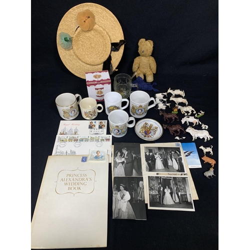 636 - Commemorative items including four photos of The  Queen at the Hyde Park Hotel, vintage bear and hat... 