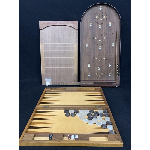 694 - Shove hapenny board and counters, Bagatelle game with balls  and Backgammon Set