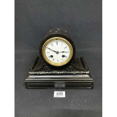 699 - Victorian slate and marble clock with pendulum width 25 cms height 20 cms