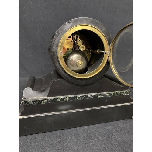 699 - Victorian slate and marble clock with pendulum width 25 cms height 20 cms