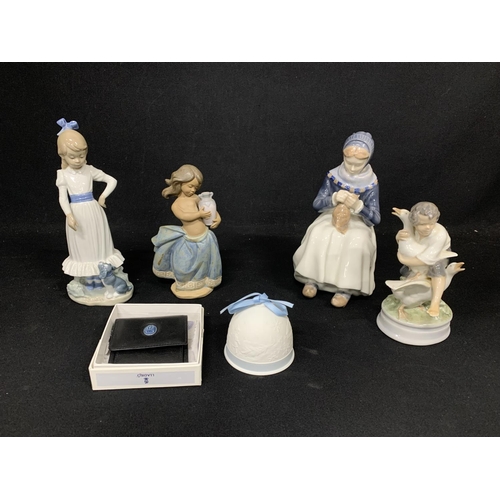 714 - Royal Copenhagen Knitting Lady Figure height 23 cms & Boy with geese Figure, Lladro Girl with pot, B... 