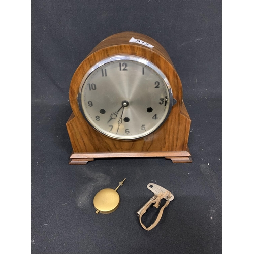 513 - Walnut chiming mantel clock with key and pendulum