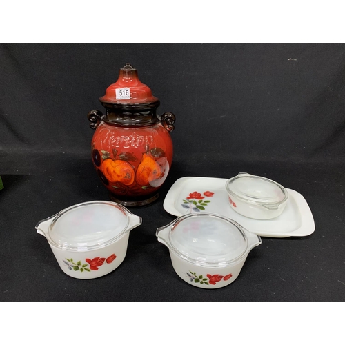 516 - Vintage West German Rumtopf Jar, 3 Pyrex casseroles and plate (2)