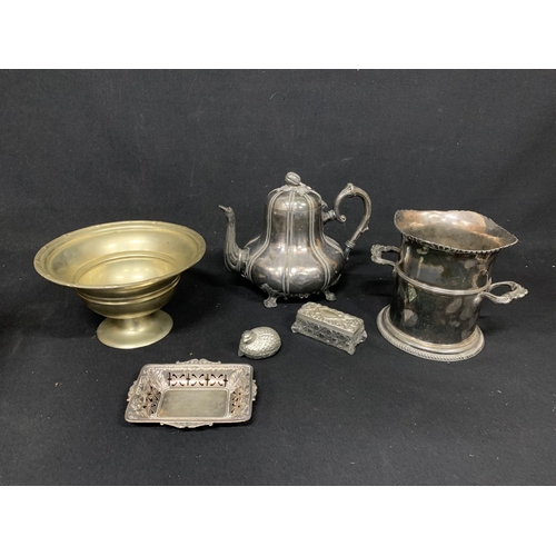 639 - Silver plated soda Syphon stand, teapot and other items