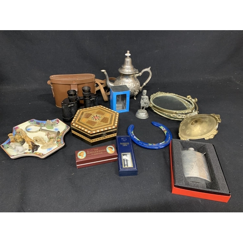 722 - Metalwares, wooden box, binoculars, mouth organ and Ronson pen